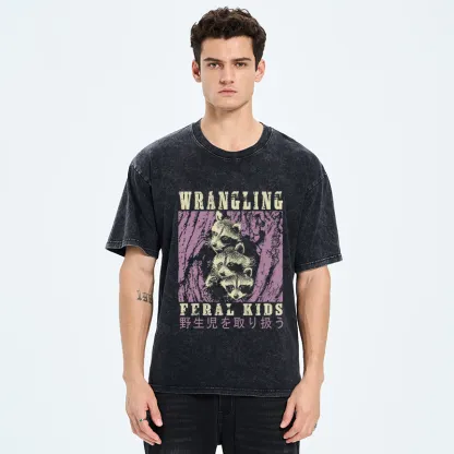 Tokyo-Tiger Wrangling Feral Raccoon Kids Washed T-Shirt