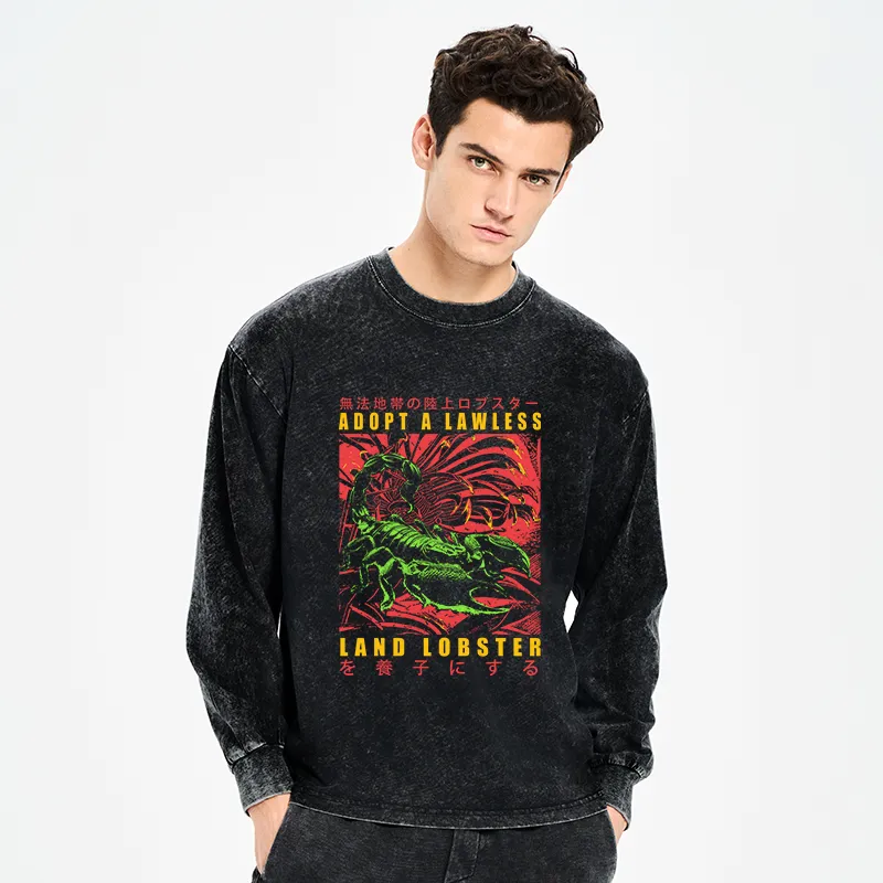 Tokyo-Tiger Adopting A Land Lobster Japanese Washed Long Sleeve T-Shirt