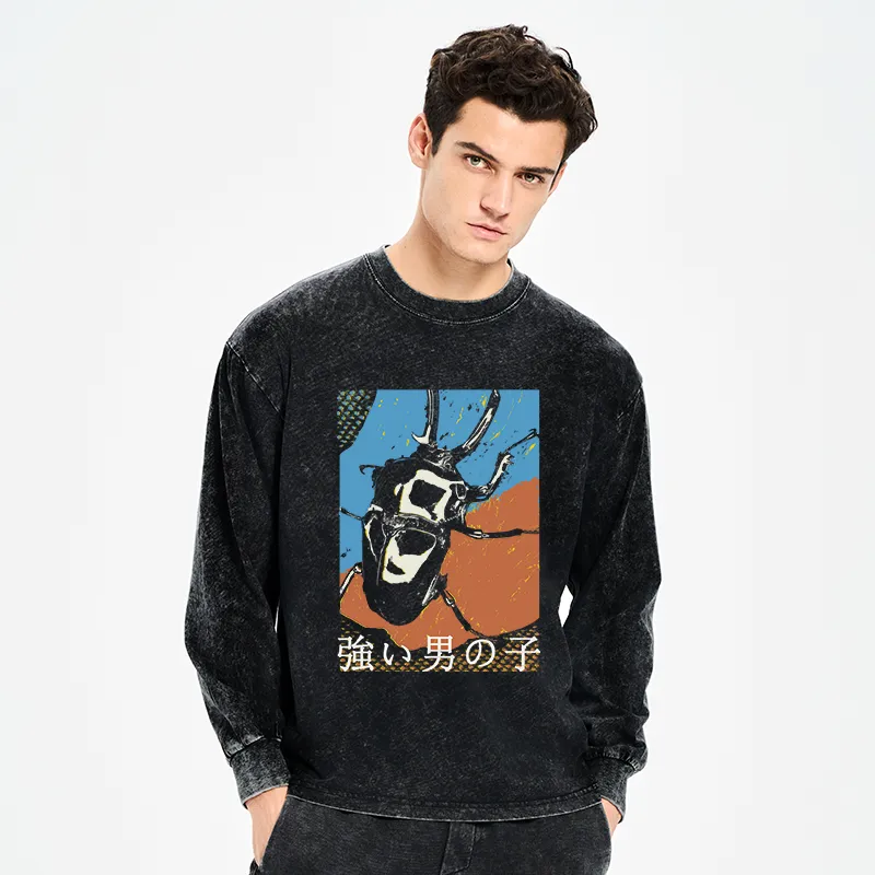 Tokyo-Tiger Strong Beetle Japanese Washed Long Sleeve T-Shirt