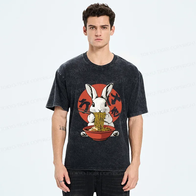 Tokyo-Tiger Rabbit Eating Ramen Washed T-Shirt