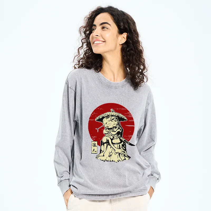 Tokyo-Tiger Rounin Japanese Frog Samurai Washed Long Sleeve T-Shirt