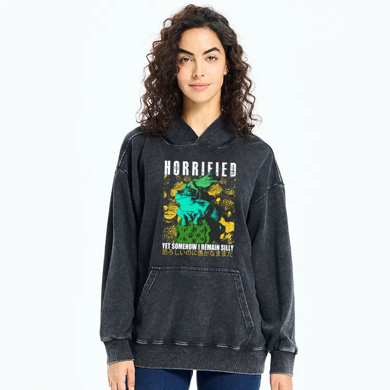 Tokyo-Tiger Horrified Two Frogs Funny Washed Hoodie