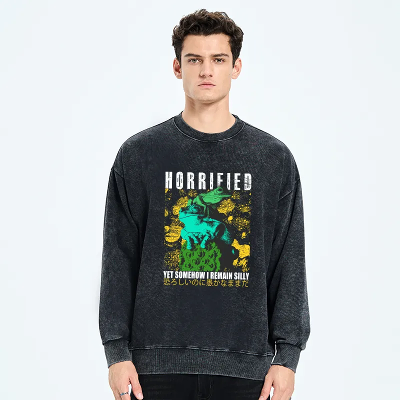 Tokyo-Tiger Horrified Two Frogs Funny Washed Sweatshirt