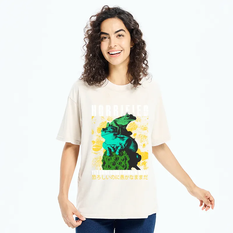 Tokyo-Tiger Horrified Two Frogs Funny Washed T-Shirt