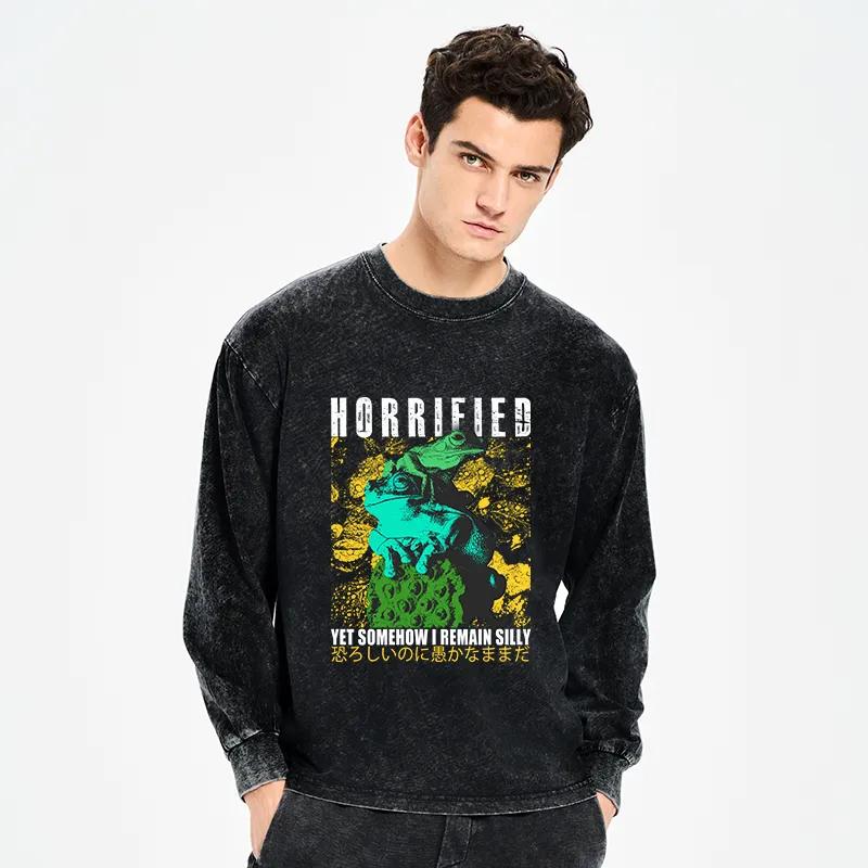 Tokyo-Tiger Horrified Two Frogs Funny Washed Long Sleeve T-Shirt