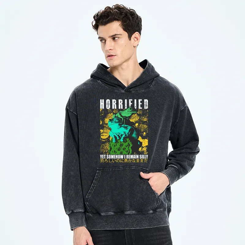 Tokyo-Tiger Horrified Two Frogs Funny Washed Hoodie