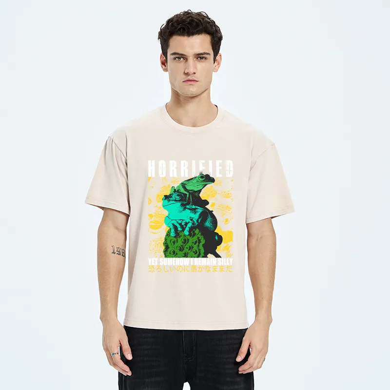 Tokyo-Tiger Horrified Two Frogs Funny Washed T-Shirt