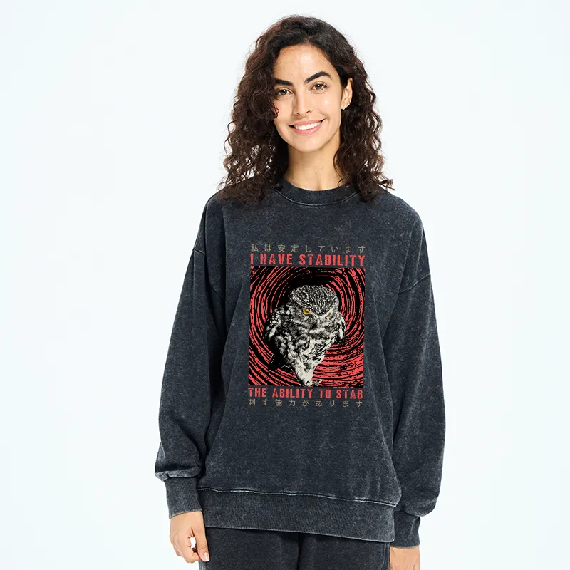 Tokyo-Tiger I Have Stability Owl Washed Sweatshirt
