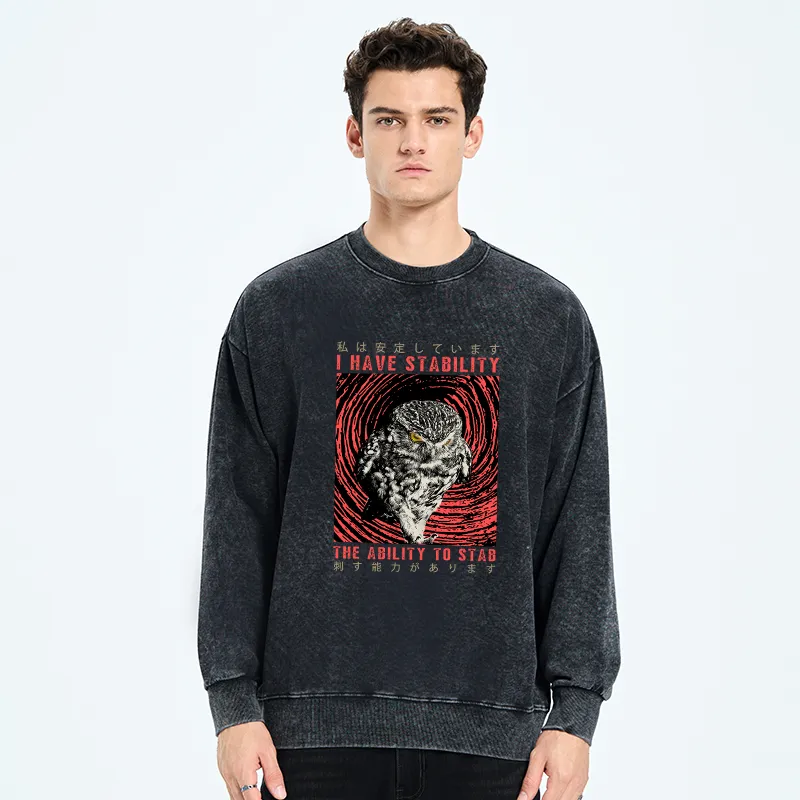 Tokyo-Tiger I Have Stability Owl Washed Sweatshirt