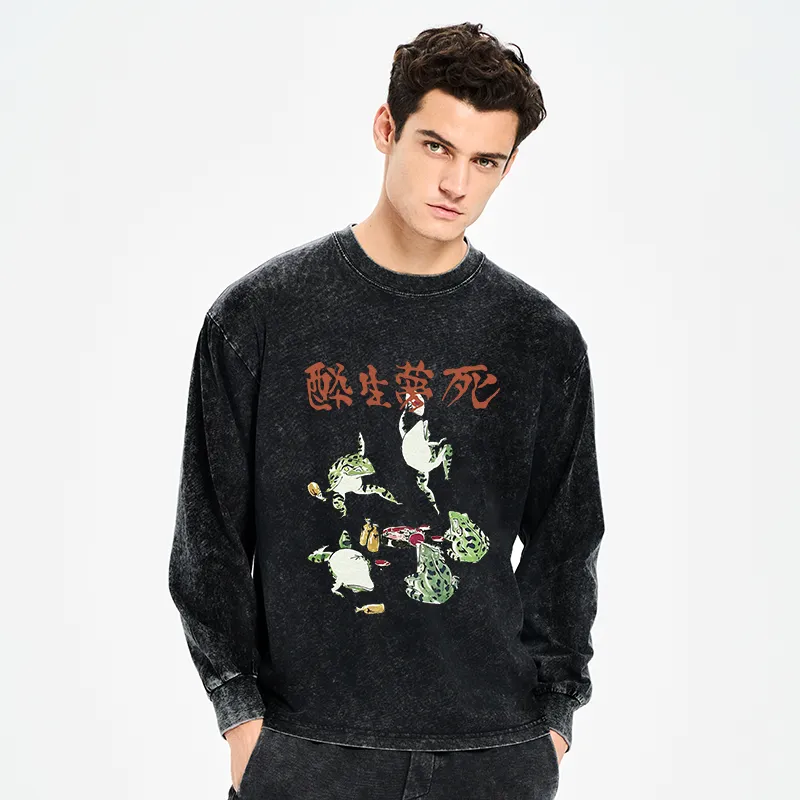 Tokyo-Tiger Japanese Frog Osake Kanji Washed Long Sleeve T-Shirt