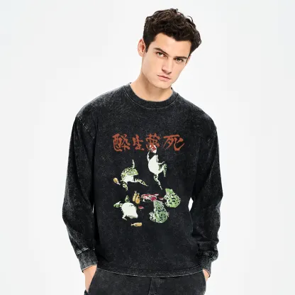 Tokyo-Tiger Japanese Frog Osake Kanji Washed Long Sleeve T-Shirt
