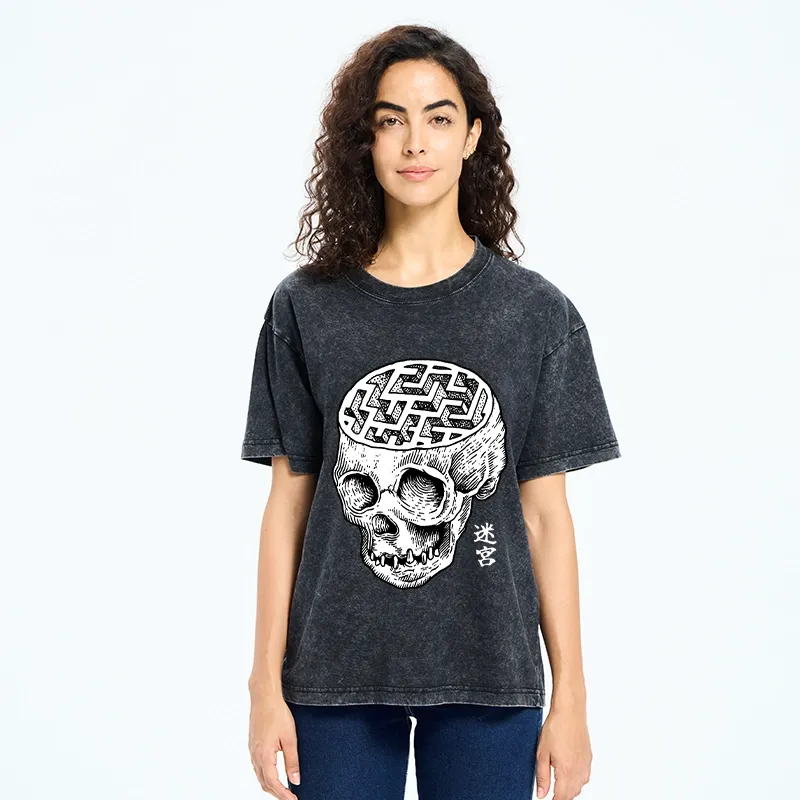Tokyo-Tiger Skull With Brain Maze Washed T-Shirt