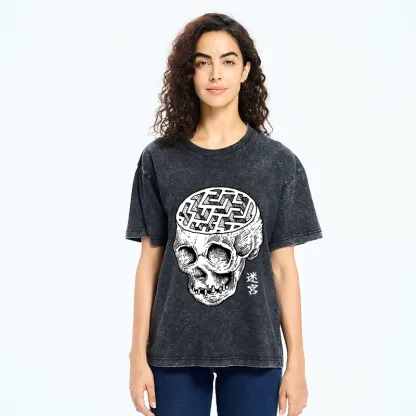 Tokyo-Tiger Skull With Brain Maze Washed T-Shirt
