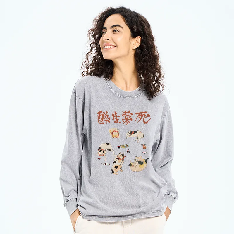 Tokyo-Tiger Drunken Cats Washed Long Sleeve T-Shirt