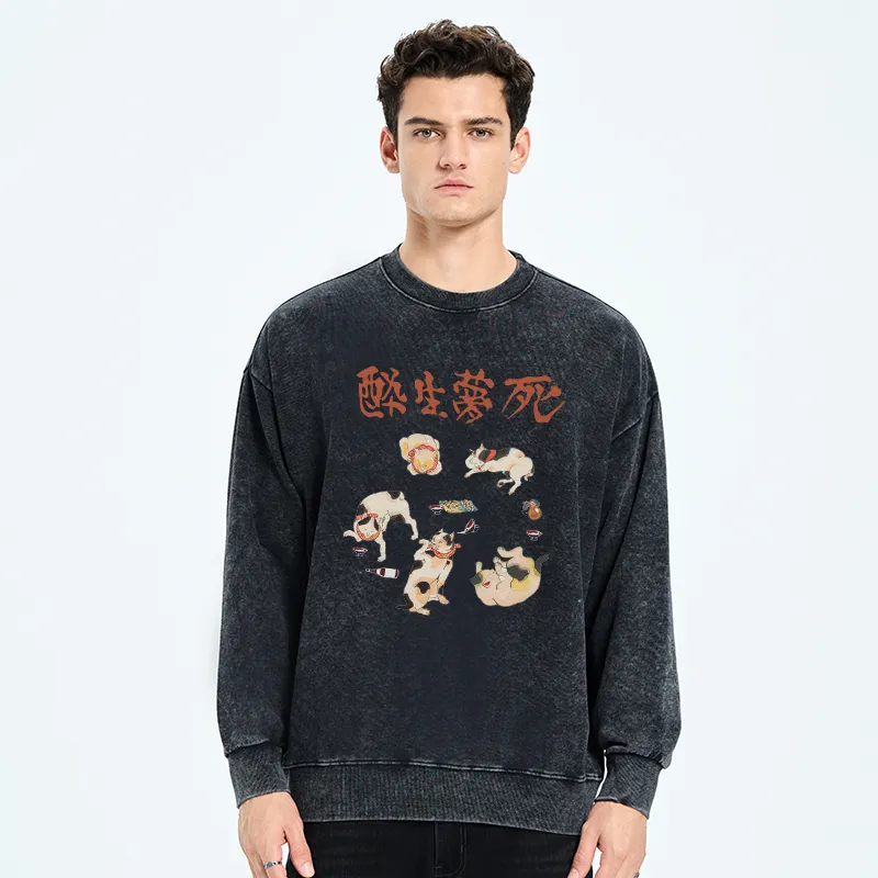 Tokyo-Tiger Drunken Cats Washed Sweatshirt