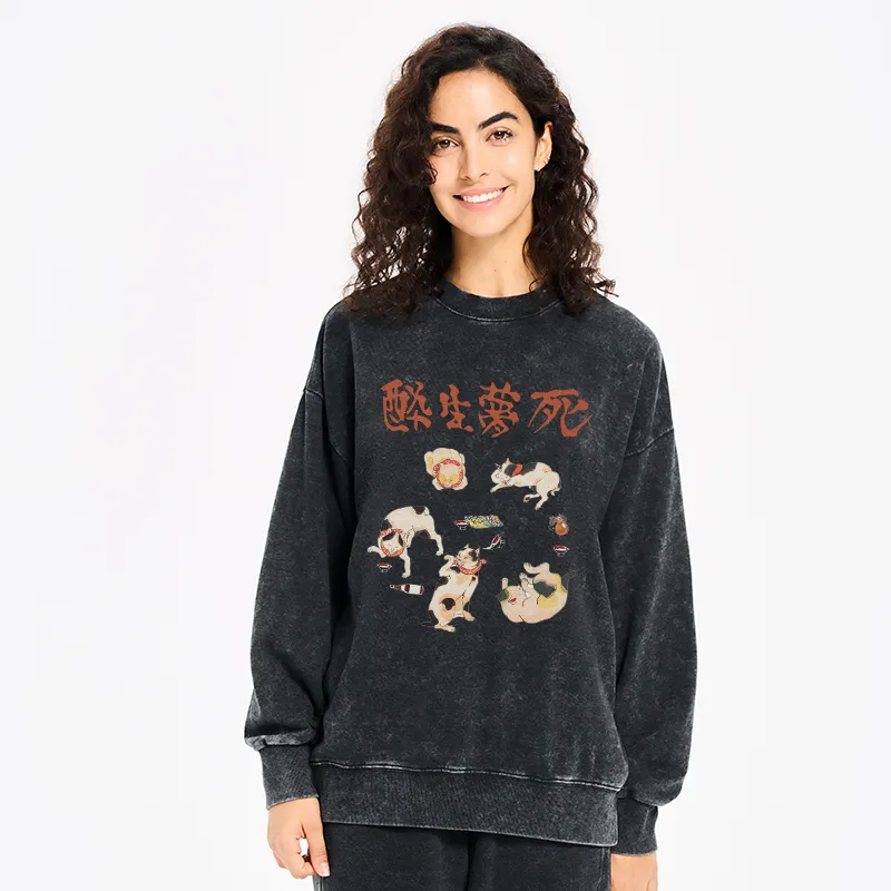 Tokyo-Tiger Drunken Cats Washed Sweatshirt