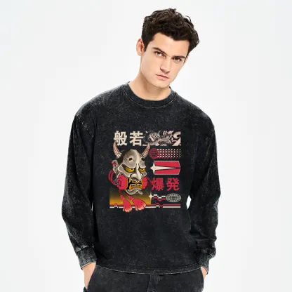 Tokyo-Tiger Hannya Mask Japanese Washed Long Sleeve T-Shirt