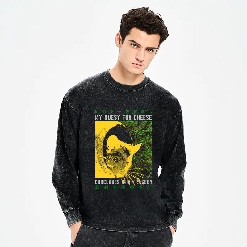 Tokyo-Tiger Mouse Has A Passion For Cheese Washed Long Sleeve T-Shirt