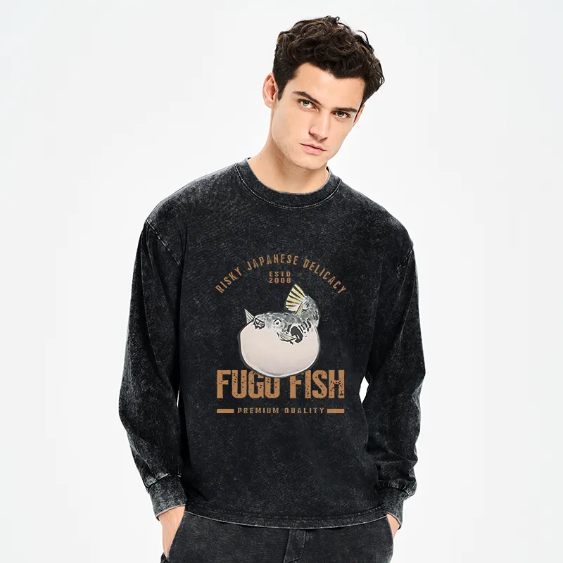 Tokyo-Tiger Fugu Fish Japanese Washed Long Sleeve T-Shirt