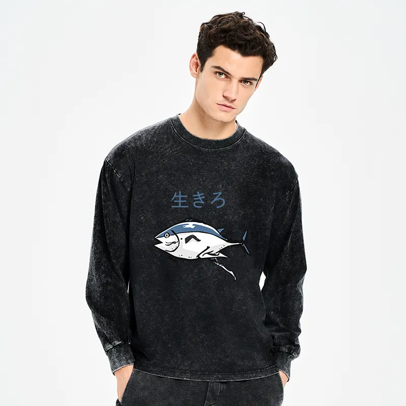 Tokyo-Tiger Running Fish Washed Long Sleeve T-Shirt