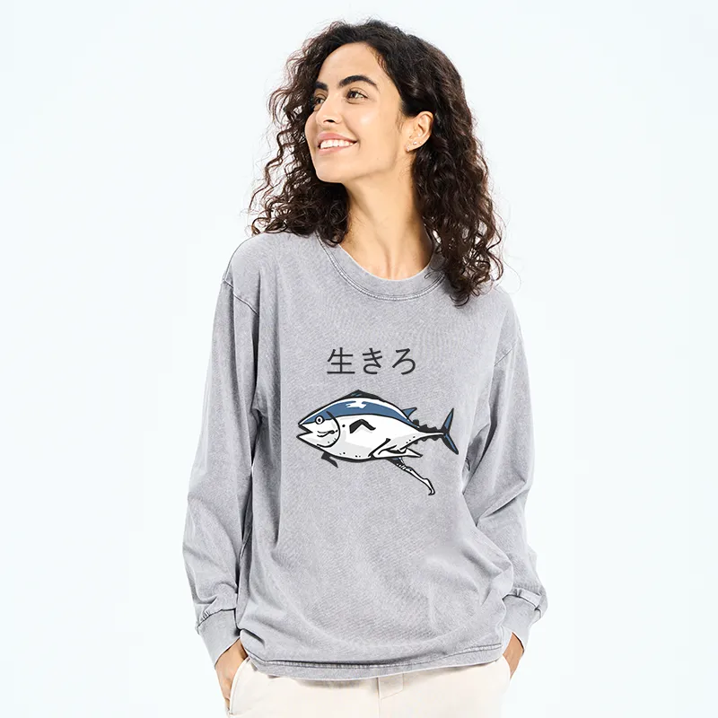 Tokyo-Tiger Running Fish Washed Long Sleeve T-Shirt
