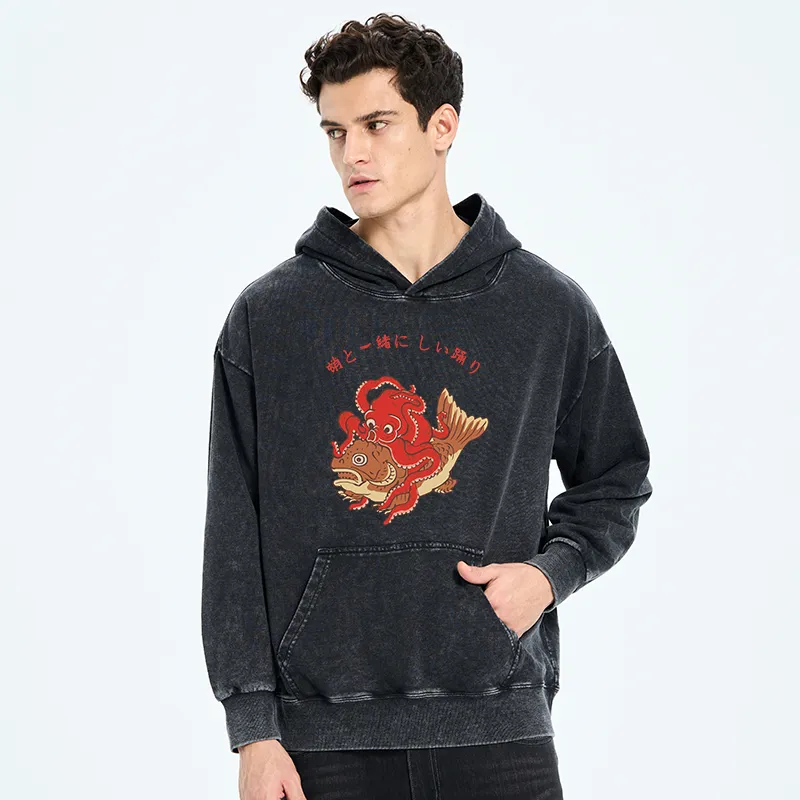 Tokyo-Tiger Octopus And Koi Dance Together Washed Hoodie