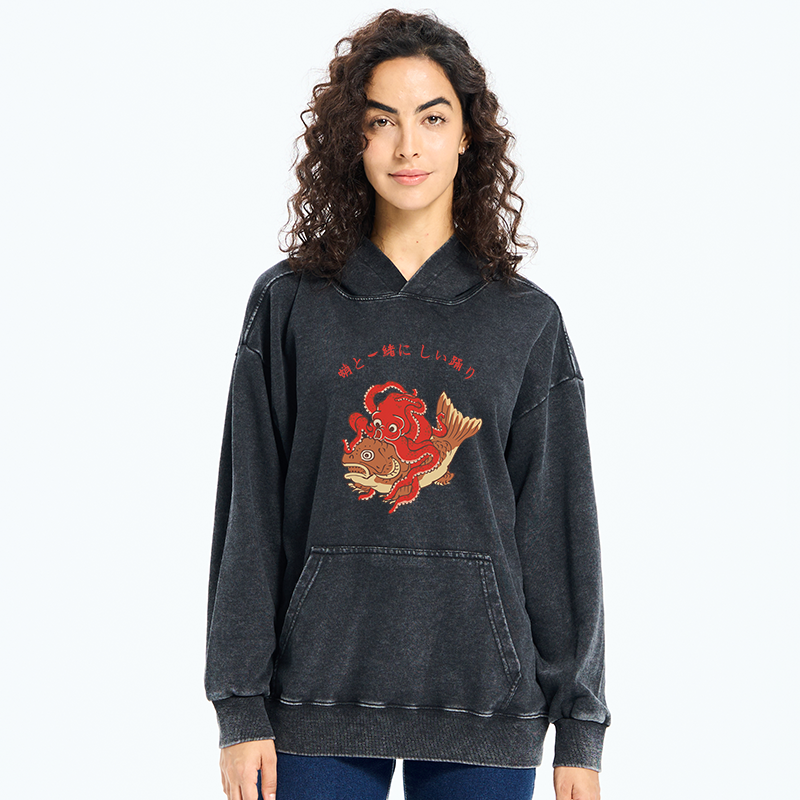 Tokyo-Tiger Octopus And Koi Dance Together Washed Hoodie