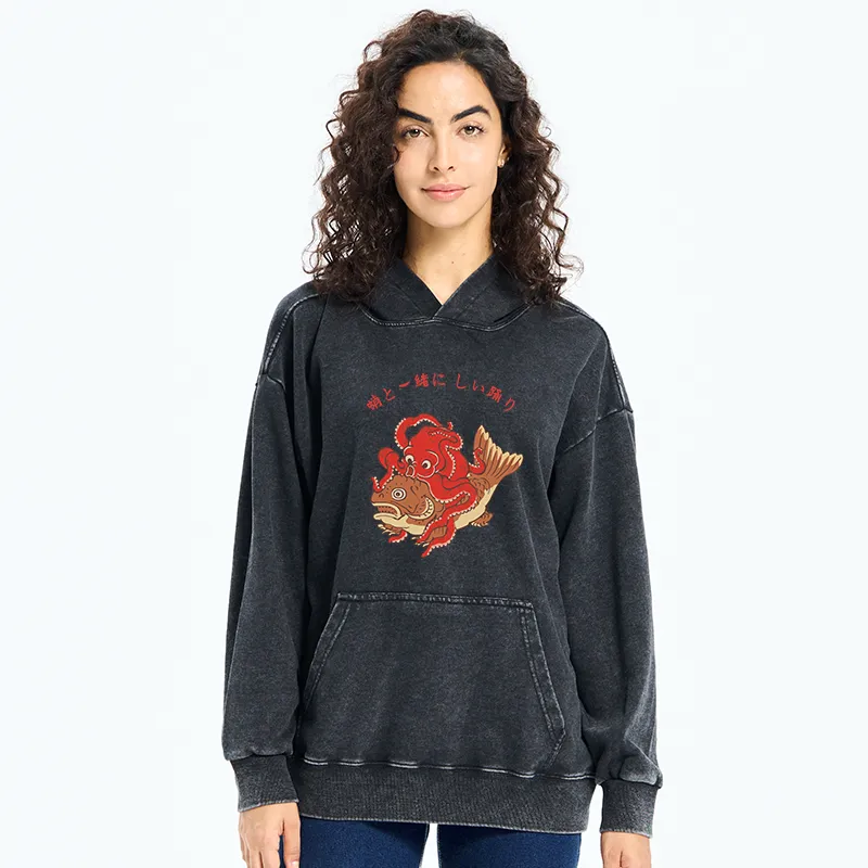 Tokyo-Tiger Octopus And Koi Dance Together Washed Hoodie