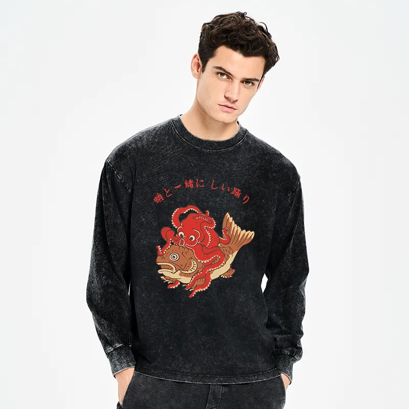 Tokyo-Tiger Octopus And Koi Dance Together Washed Long Sleeve T-Shirt
