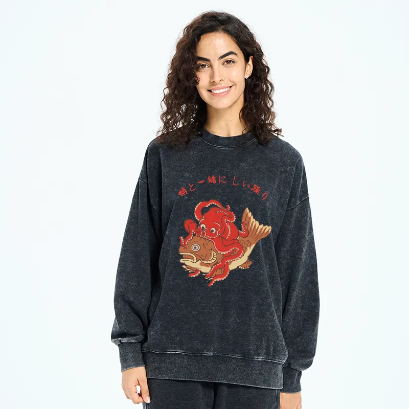 Tokyo-Tiger Octopus And Koi Dance Together Washed Sweatshirt