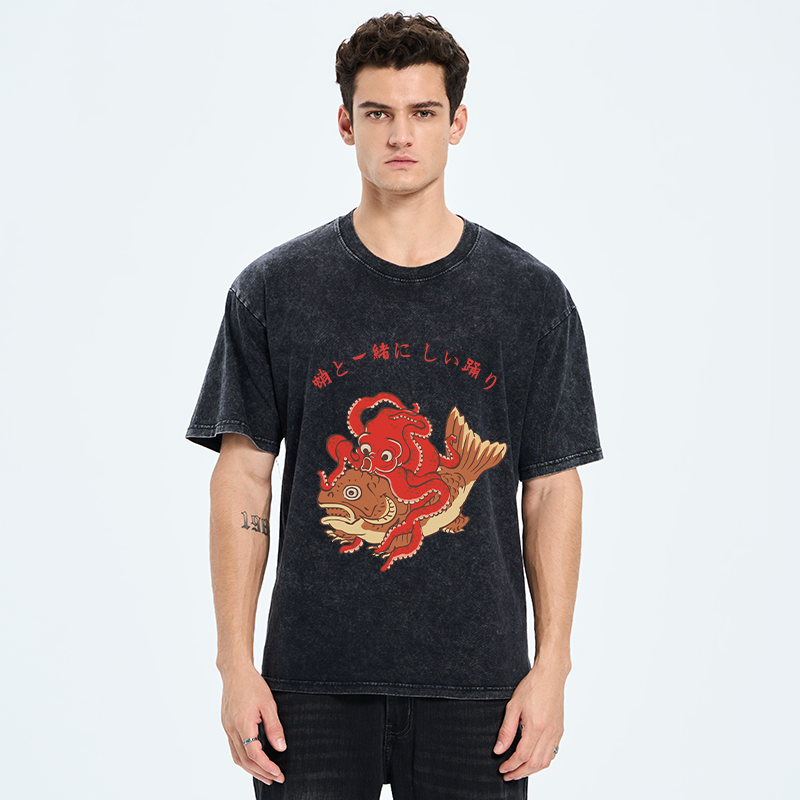 Tokyo-Tiger Octopus And Koi Dance Together Washed T-Shirt