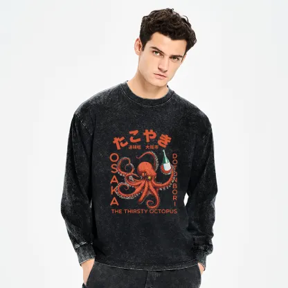 Tokyo-Tiger Octopus Drinks Soju Washed Long Sleeve T-Shirt