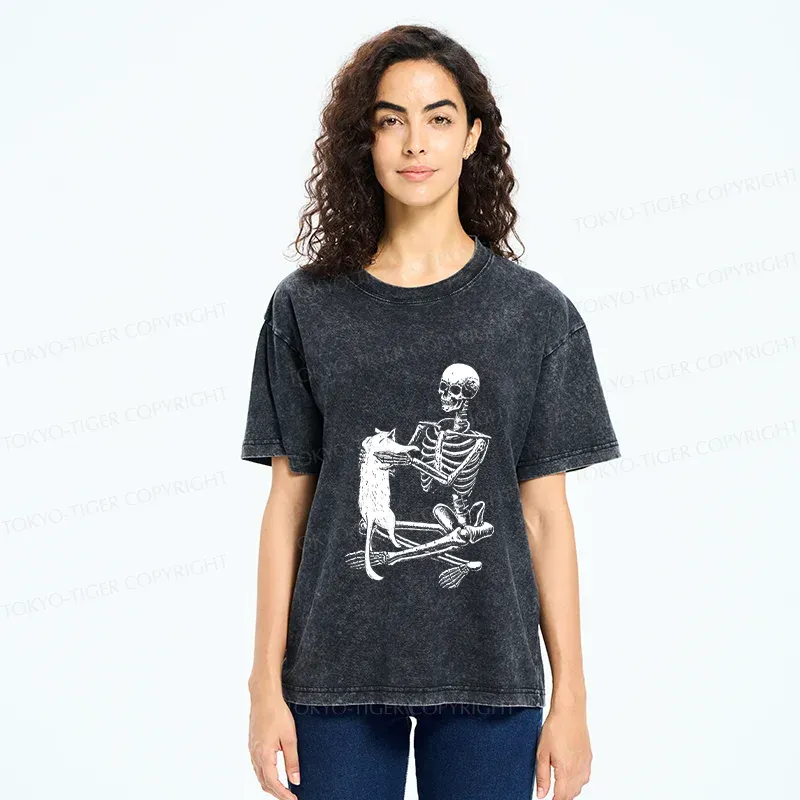 Tokyo-Tiger Skeleton And His Cat Washed T-Shirt