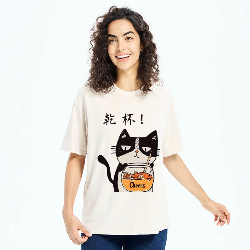 Tokyo-Tiger Cat Cheers Washed T-Shirt