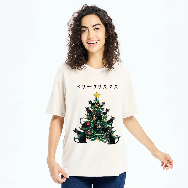 Tokyo-Tiger Meowy Christmas Tree Washed T-Shirt
