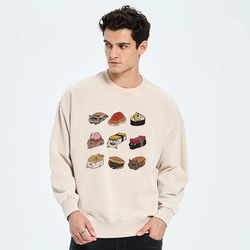 Tokyo-Tiger Cute Cat Sushi Washed Sweatshirt
