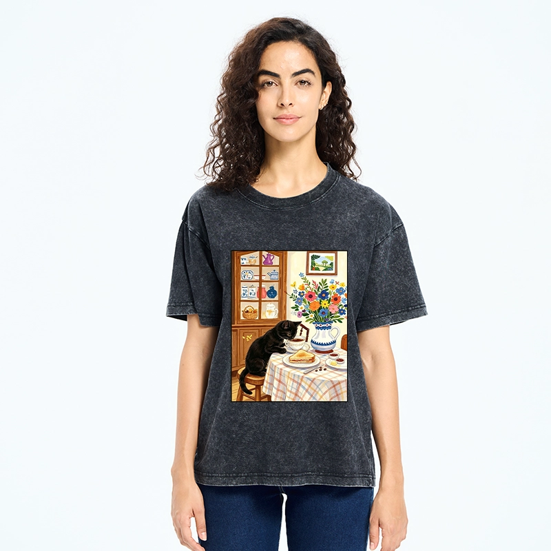 Tokyo‑Tiger Cute Snack Time Cat Washed T‑Shirt