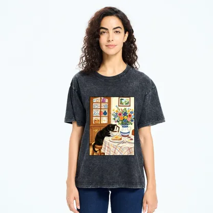 Tokyo‑Tiger Cute Snack Time Cat Washed T‑Shirt