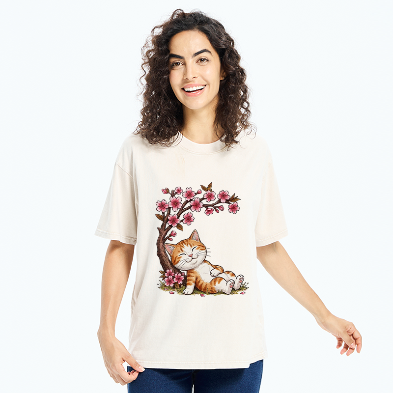 Tokyo-Tiger Cat Sleeps Under Sakura Washed T-Shirt