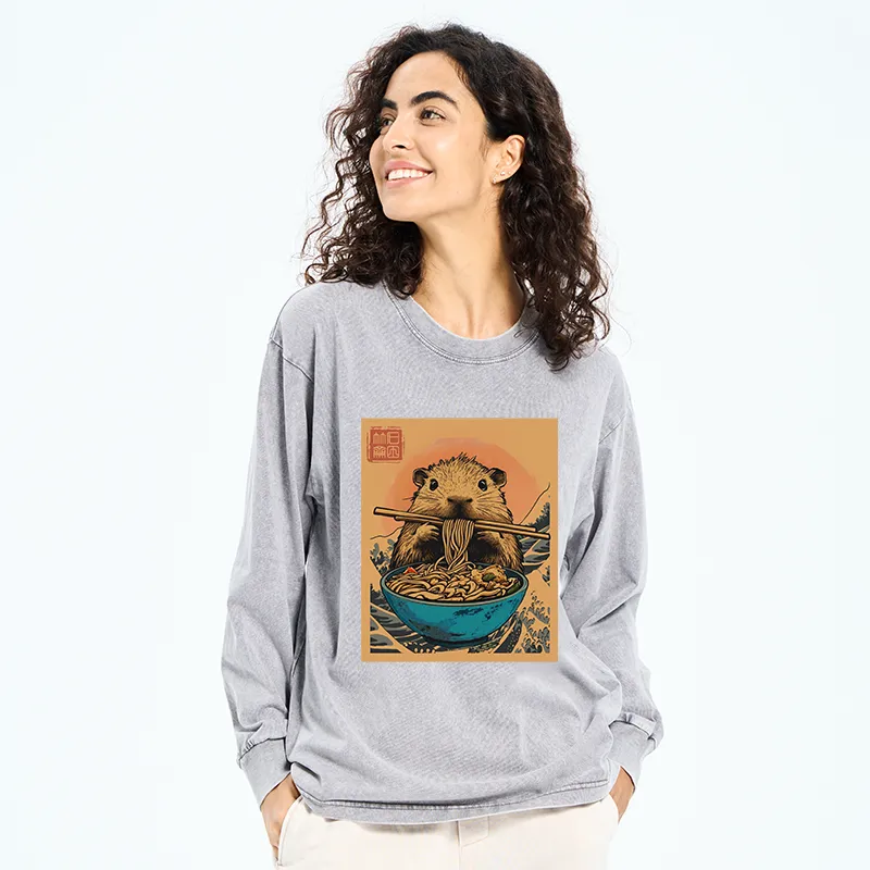 Tokyo-Tiger Opossum Eats Ramen Washed Long Sleeve T-Shirt