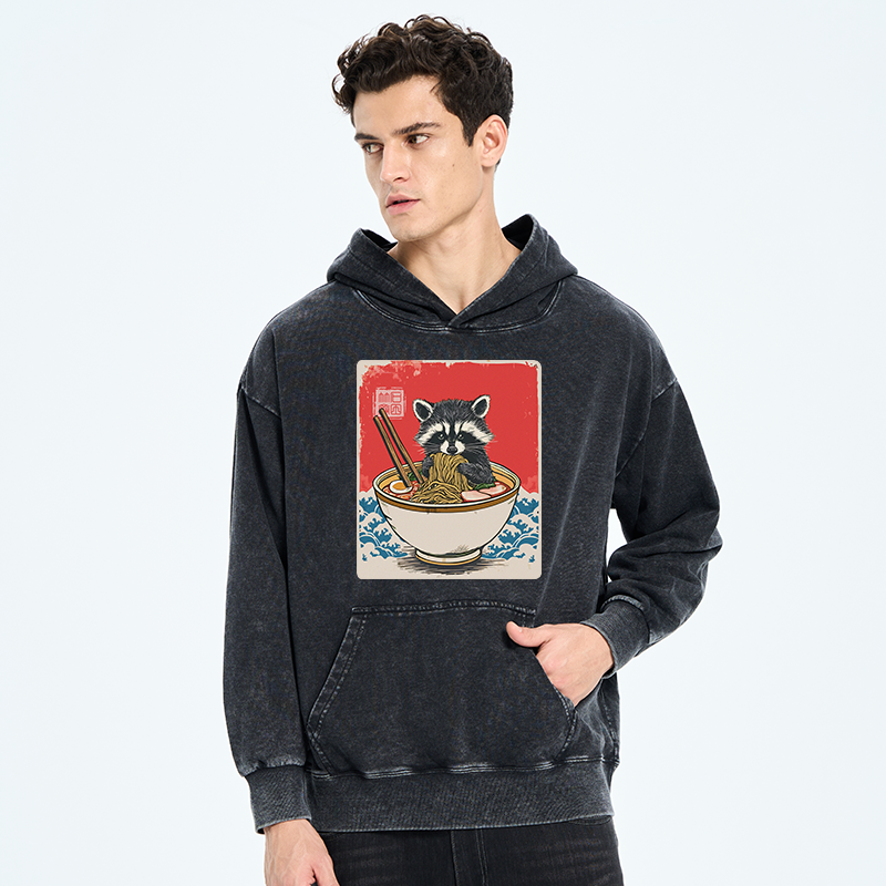 Tokyo-Tiger Ramen Lover Raccoon  Washed Hoodie