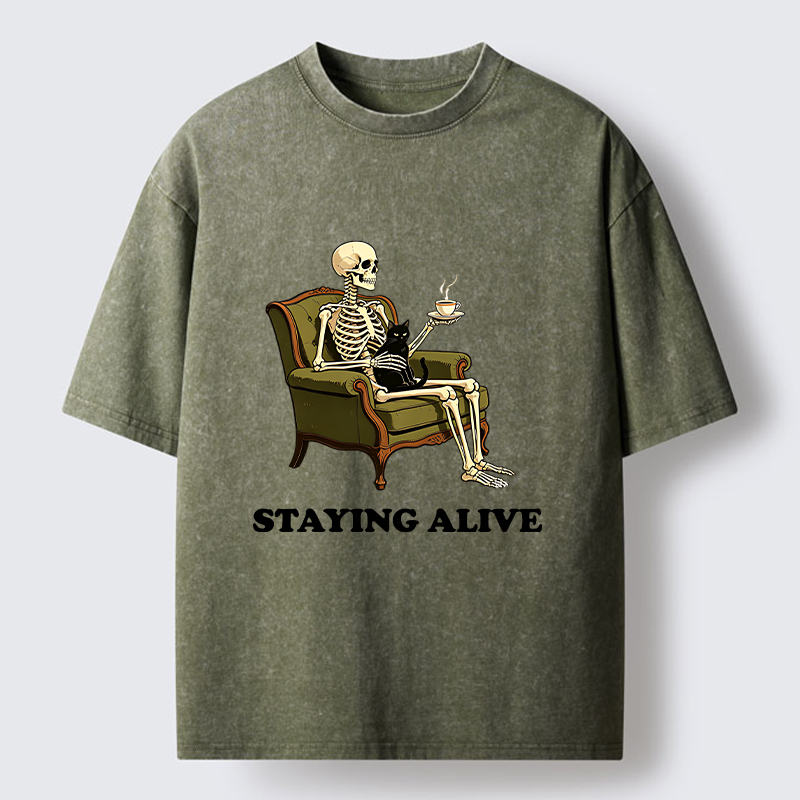 Tokyo‑Tiger Skeleton Coffee Cat Washed T‑Shirt