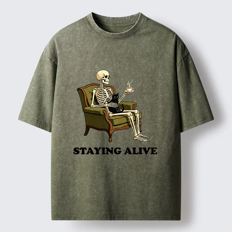 Tokyo‑Tiger Skeleton Coffee Cat Washed T‑Shirt