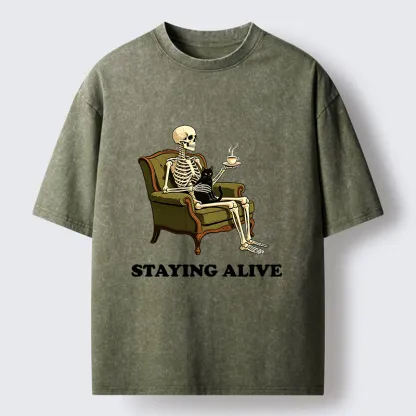 Tokyo‑Tiger Skeleton Coffee Cat Washed T‑Shirt