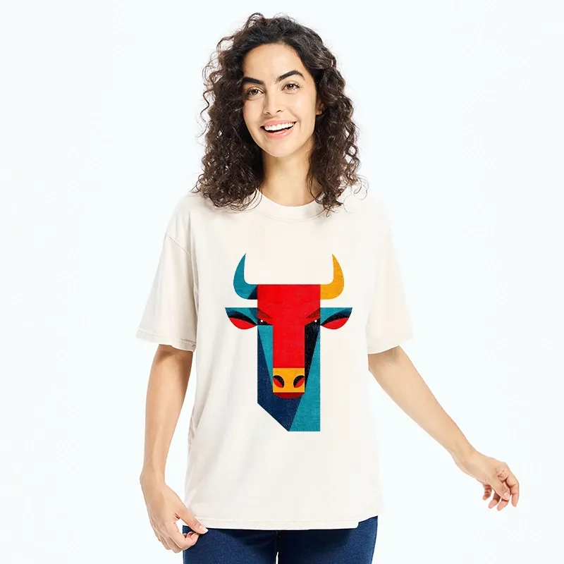 Tokyo-Tiger Geometric Bull Head Art Washed T-Shirt