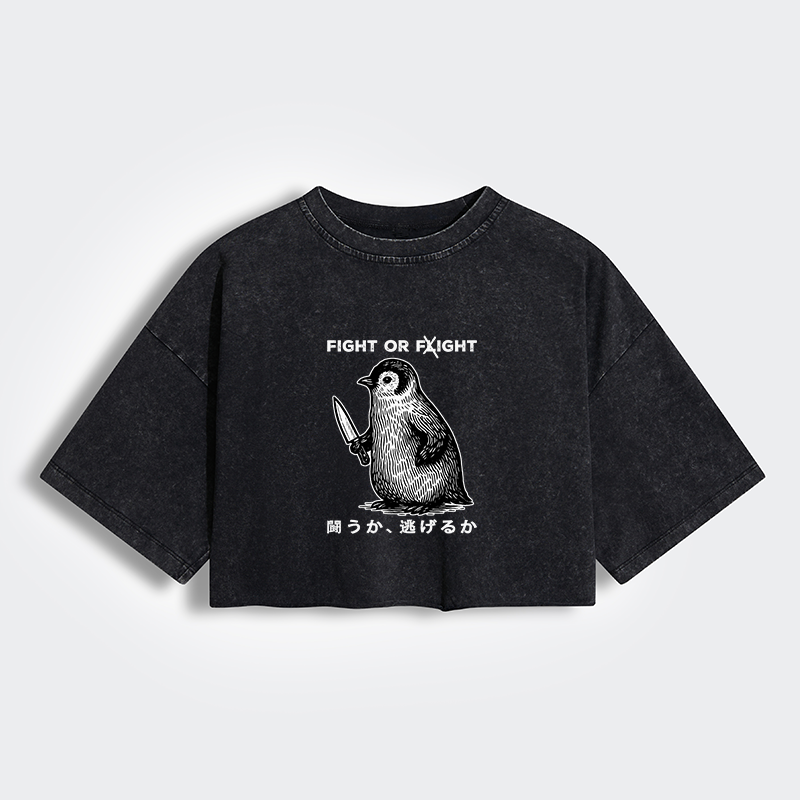 Tokyo-Tiger Funny Fight Or Flight Women's Washed Crop T-Shirt