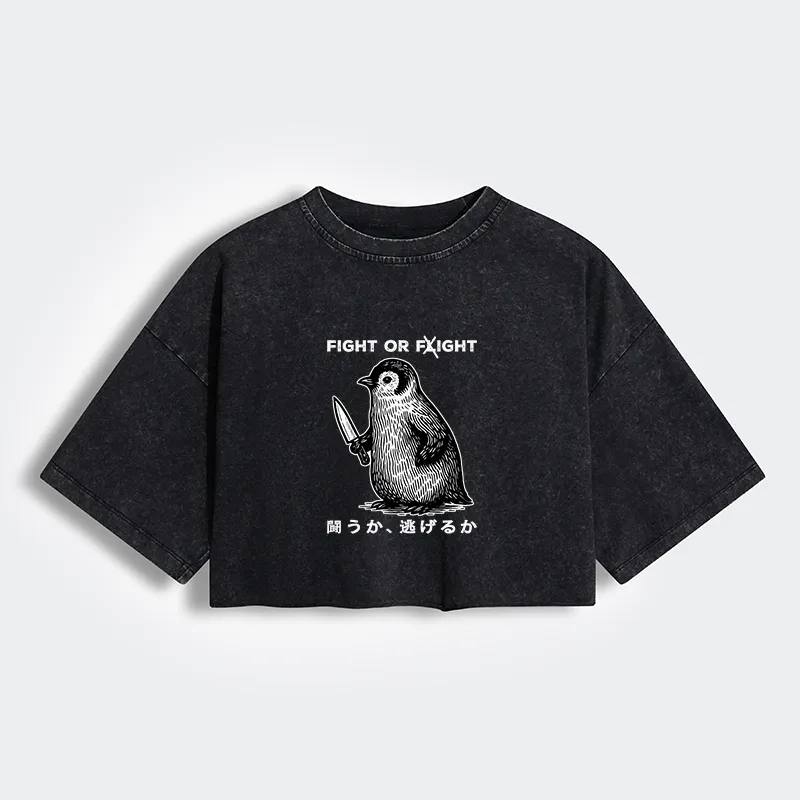 Tokyo-Tiger Funny Fight Or Flight Women's Washed Crop T-Shirt