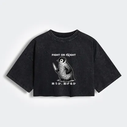 Tokyo-Tiger Funny Fight Or Flight Women's Washed Crop T-Shirt