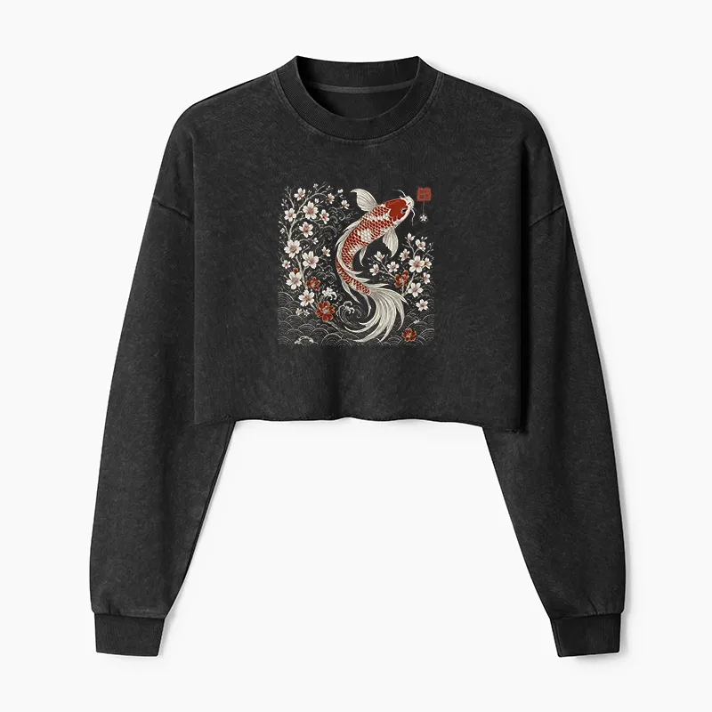 Tokyo-Tiger Vintage Sakura And Koi Washed Crop Sweatshirt