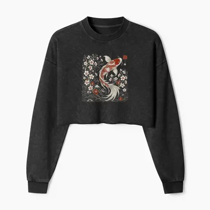 Tokyo-Tiger Vintage Sakura And Koi Washed Crop Sweatshirt